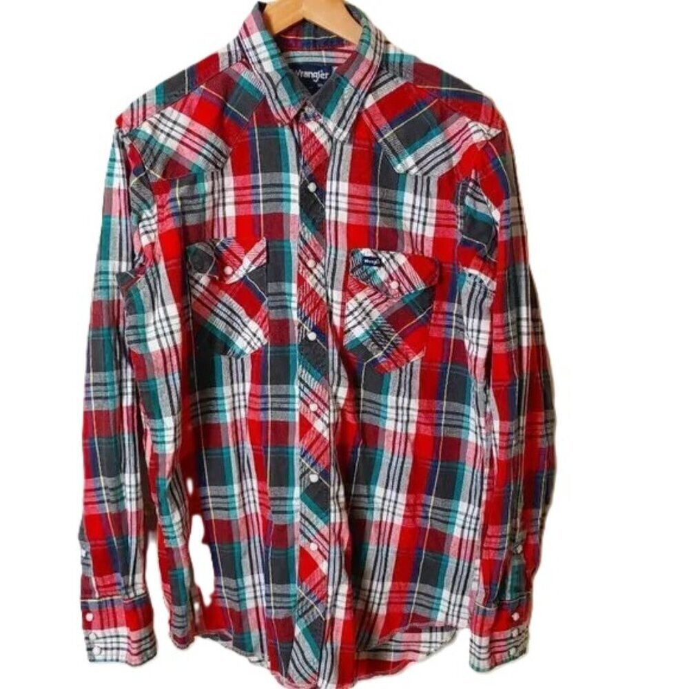 Wrangler Western Shirt Vintage Pearl Snap Plaid Flannel Country Large